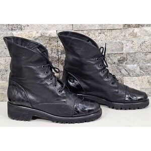 Vintage Italian Leather Combat Boot Women 8.5 Black Wool Vibram Lug Grunge Goth